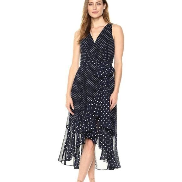 NEW Eliza J Women's Polka Dot‎ Faux Wrap Midi Dress Sleeveless Size 2P Pe… - Picture 1 of 12